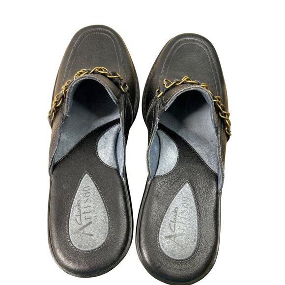 Clarks Artisan Women's Clogs Mules Size 7M Black Wedge Leather with Chain accent - Picture 5 of 10